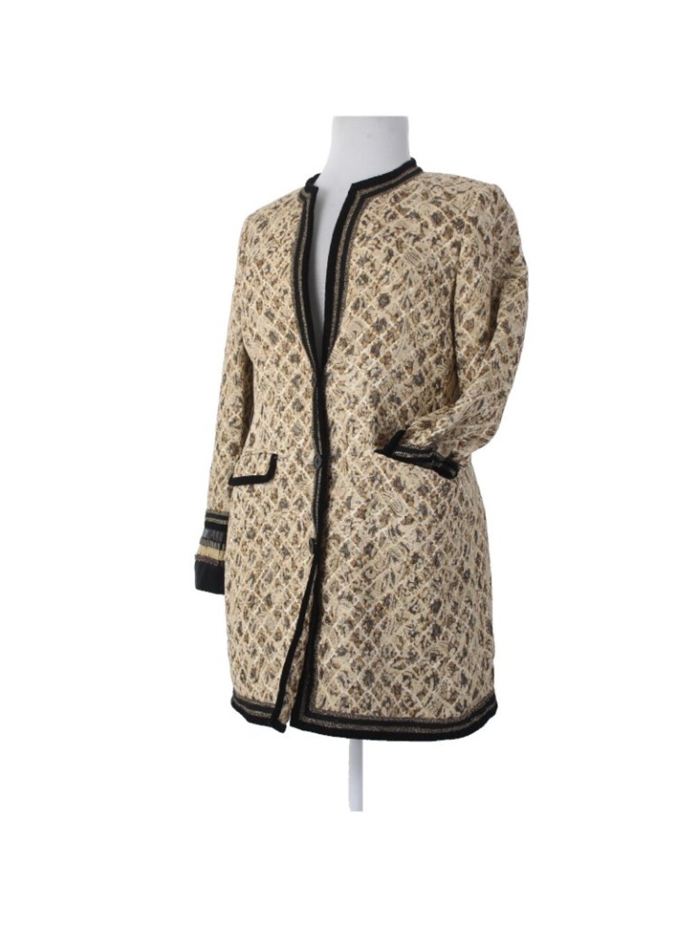 Chicos Jacket Sz 2 Tan Black Buttons Pockets Rayon Polyester Metallic Jacket - Picture 3 of 10